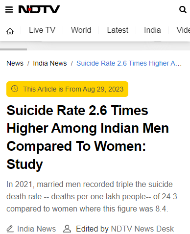 NDTV Article titled 'Suicide rate 2.6 times higher among Indian men compared to women'